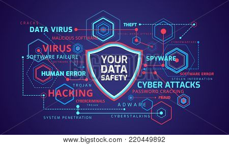 Cyber security concept infographics - technology shield icon on digital background - infographic illustrates cyber data security and information privacy protection idea - vector technology background