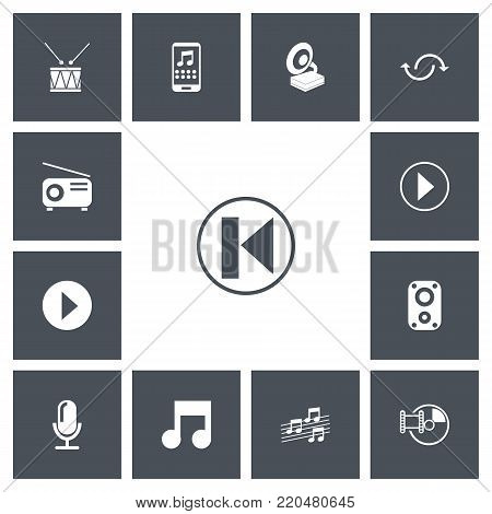 Set of 13 editable song icons. Includes symbols such as music note, gramophone, megaphone and more. Can be used for web, mobile, UI and infographic design.