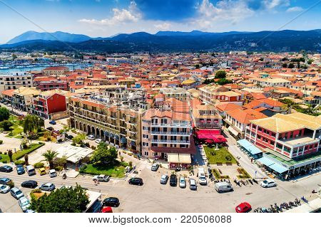Lefkava, Greece, July 16, 2017: Aerial view of Lefkada town, Lefkada island, Greece
