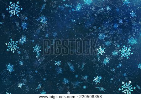 Blue Christmas background snow texture, abstraction, white snowflakes. Christmas background, winter Wonderland