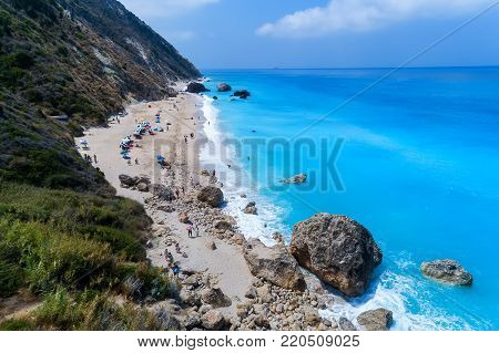 Aerial View Of Famous Beach Of Kavalikefta On The Island Of Lefkada In The Ionian Sea In Greece