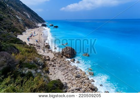 Aerial View Of Famous Beach Of Kavalikefta On The Island Of Lefkada In The Ionian Sea In Greece