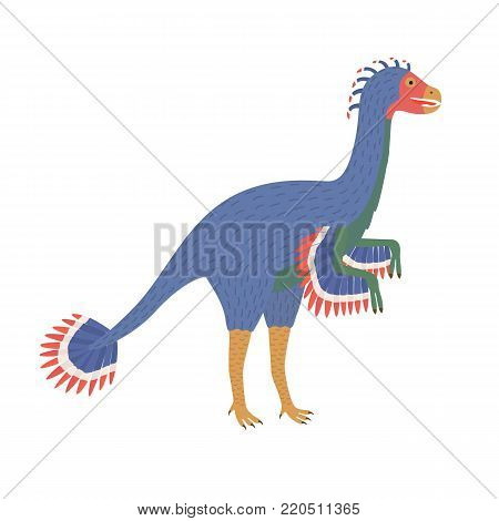 Caudipteryx dinosaur Vector illustration isolated on white background flat style. Blue bird cartoon