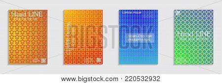 Vector journal design geometric shape background set, halftone lines hipster pattern abstract covers collection.