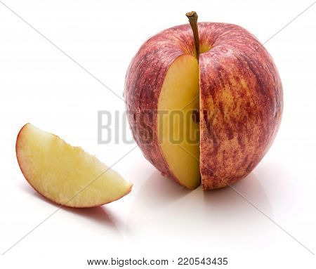 Cut open Gala apple isolated on white background