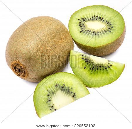 Sliced kiwi fruit (Chinese gooseberry), one whole, half and two slices, isolated on white background