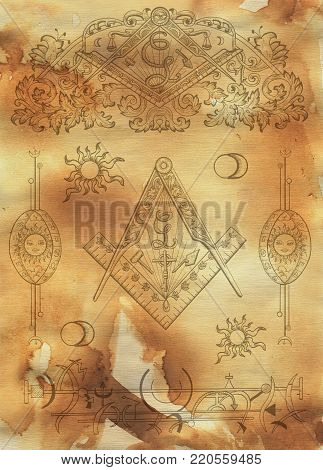 Scrapbook design background with mason and mystic symbols on texture. Freemasonry and secret societies emblems, occult and spiritual mystic drawings. Tattoo design, new world order