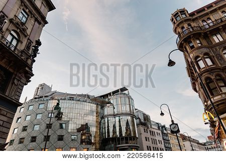 Vienna,  Austria - August 16, 2017: Low angle view of buildings in Stephansplatz. It is a square at the geographical centre of Vienna