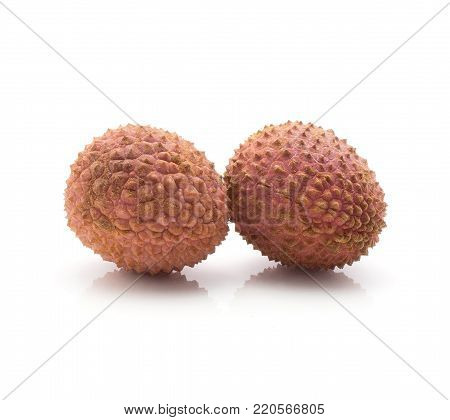 Lychee isolated on white background ripe pink fresh two berries