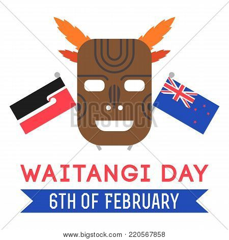llustration of New Zealand native inhabitant Maori s mask, Maori and New Zealand flag. New Zealand Waitangi Day on the 6th of February.