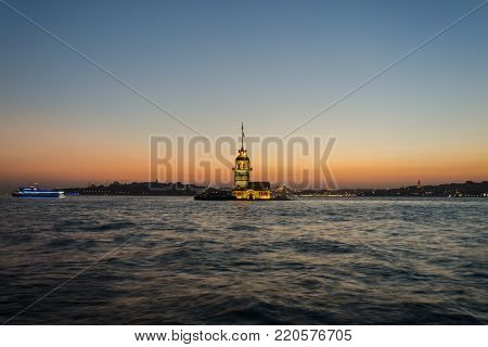 Istanbul Maiden Tower from the east in sunset.backdrop Istanbul silhouette