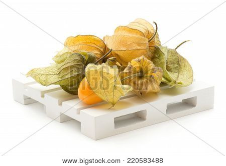 Physalis berries on a pallet isolated on white background
