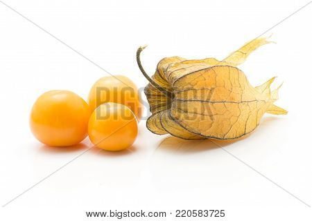 Physalis stack isolated on white background three orange berries and one in husk
