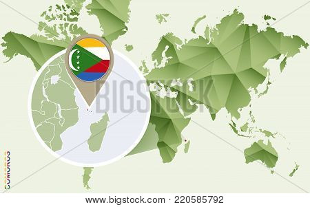Infographic for Comoros, detailed map of Comoros with flag. Vector Info graphic green map.