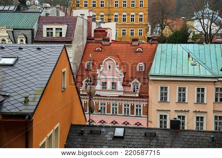 Cityscape with Saint Mary Magdalene church (Karlovy Vary). Famous Czech Spa Karlovy Vary (Karlsbad) in the late autumn time.