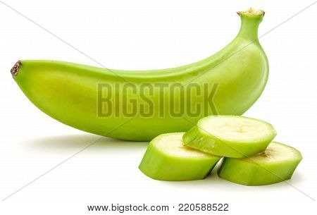 One whole plantain and three slices isolated on white background