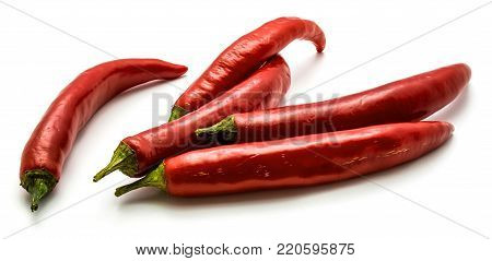 Five red Chili peppers tisolated on white background