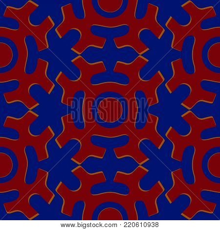 Tribal seamless pattern. Siberian folk geometric print with solar symbol of mansi people in their authentic colors red and blue. Hand drawn ethnic ornament.