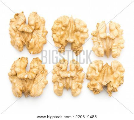 Shelled walnuts top view collection isolated on white background six