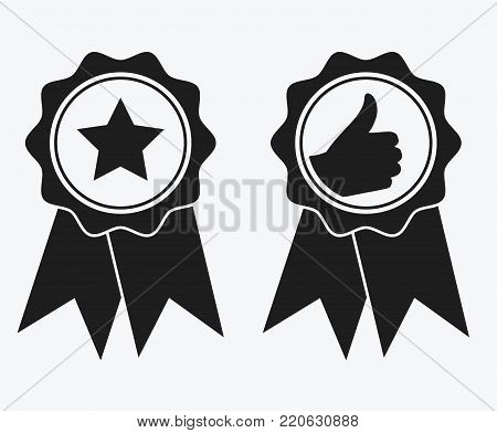 A sign of premium class. Medal with a star and ribbon. Mark of distinction. Black and white quality symbol. Vector illustration of medal icons.
