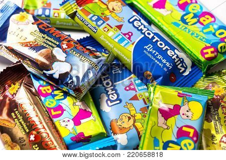 KHARKIV, UKRAINE - 20 DECEMBER 2017: Bars of hematogen medical food and medicine of Ukrainian producers