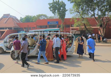 Agra India - October 23, 2017: Unidentified People Take Free Shuttle Bus To Taj Mahal At Shilpgram I