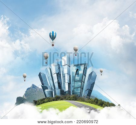Green flying island among clouds with urban view of towers and skyscrapers. Flying aerostates and blue cloudy skyscape on background. 3D rendering.