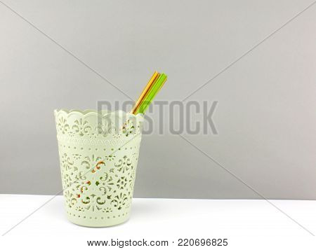 Colorful Holder Full Of Pen And Pencil Office Equipment For Eduation Or Business Still Life