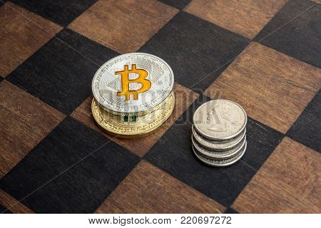 Bitcoins and American cents on a chessboard