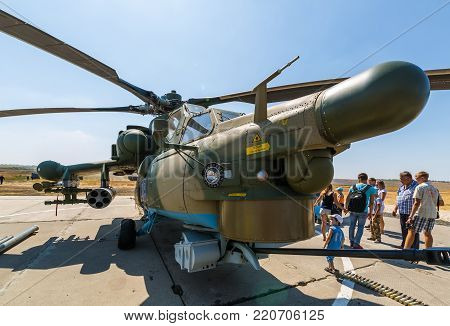 KADAMOVSKIY TRAINING GROUND, ROSTOV REGION, RUSSIA, 26 AUGUST 2017: International military technical forum «ARMY-2017». Attack helicopter «Mi-28N» «Night Hunter»