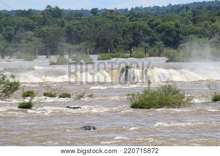 Iguazu River descending Huge Waterfall - Brazil