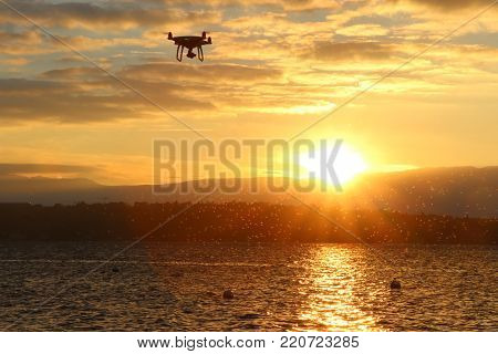 Sunset with a drone over the lake