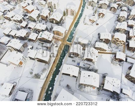 photographed the tourist mountain village Zermatt with a drone
