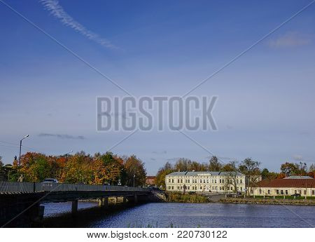 Vyborg, Russia - Oct 6, 2016. Bridge and river in Vyborg Township, Russia. Vyborg stands at the head of Vyborg Bay of the Gulf of Finland, 113 km northwest of St. Petersburg.