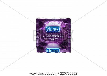 Nitra, January 5, 2018: Durex condom isolated on white. Durex is the trademarked name for a range of condoms that were made by United Kingdom-based SSL International.