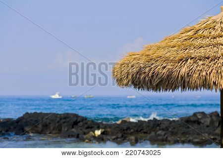 Thatched Roof Beach Hut, Overlooking Kona Beach, Hawaii