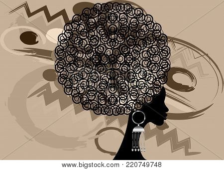 portrait African Women , dark skin female face with curly hair afro and ethnic traditional earrings on vector isolated or batik background , hair style concept