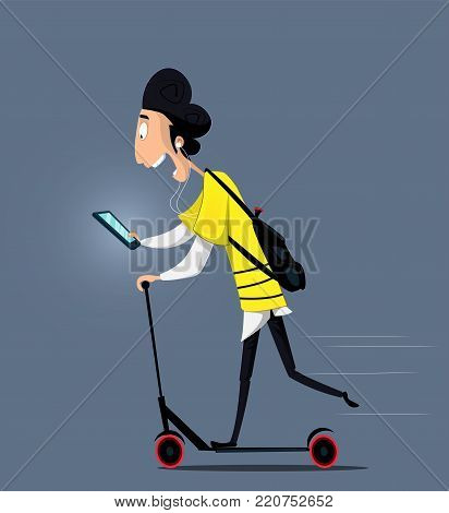 The guy reads an e-book while riding a scooter. I love read book concept. Vector