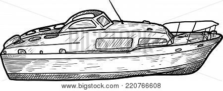 Motor boat illustration, drawing, engraving, ink, line art
