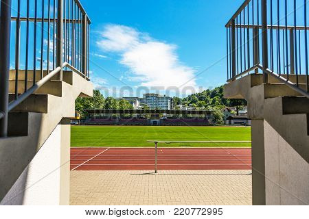 WETZLAR, HESSEN, GERMANY - June 2017 : View into WETZLARER stadium. The stadium Wetzlar is a football stadium with athletics equipment  in the Hessian city of Wetzlar