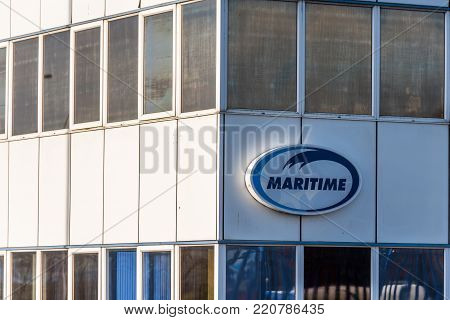 Northampton UK December 07, 2017: Maritima delivery Service logo sign in Brackmills Industrial Estate.