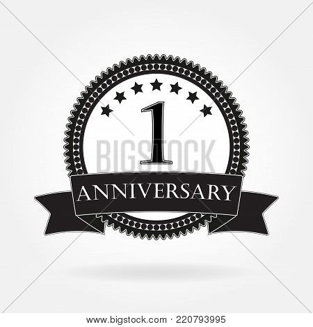 1 year anniversary template with ribbon. 1th celebration emblem or icon. Vector illustration.