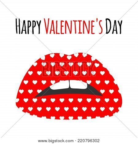 Red Lips With Pattern Print Of White Hearts. Happy Valentine's Day Lettering Text Card, Background, 