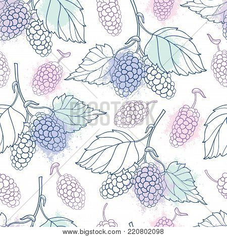 Vector seamless pattern with outline Mulberry or Morus bunch with berry and leaf in pastel color on the white background. Floral pattern with contour Mulberry fruit for summer design.