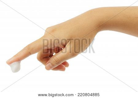 Female's hand with white foam isolated on white background, clipping path.