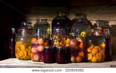home preservation in a dark cellar in which breaks through several rays of light close up