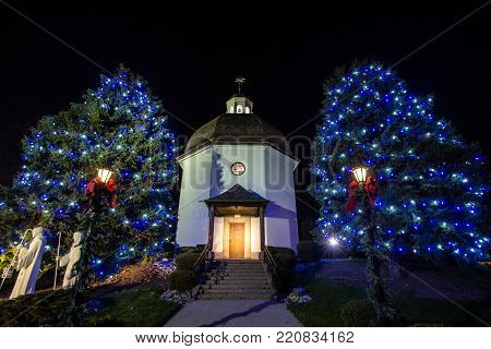 Frankenmuth, Michigan, USA - April 17, 2016: The Silent Night Memorial Chapel is a replica of the St. Nicholas church in Oberndorf, Austria where the carol Silent Night was originally composed.