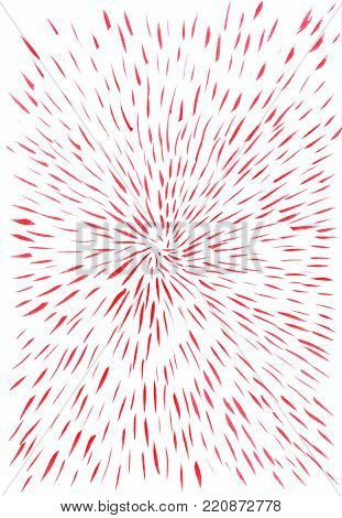 Manual drawing. Smears of watercolors diverging from the center. Isolated on white background. Red paint. Small dashes