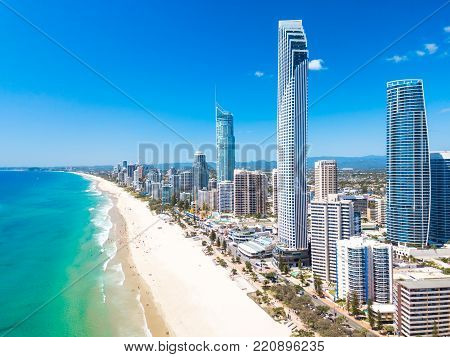 Surfers Paradise aerial view on a clear day on the Gold Coast with blue water