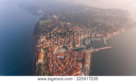 Aerial view of mediterranean coastal town. Piran, Slovenia